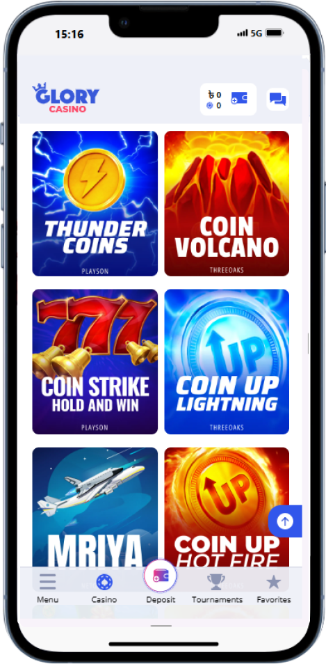 Glory Casino app promotions and bonuses screen on mobile