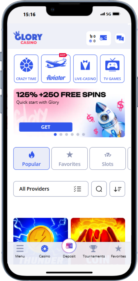 Glory Casino app home screen on mobile (Android APK)