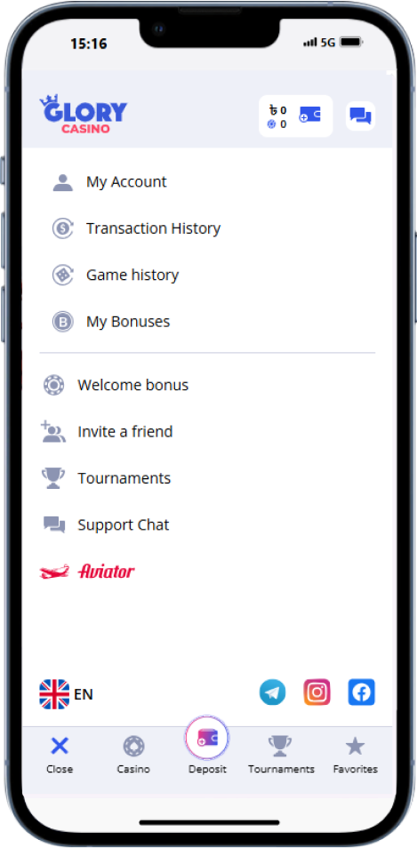 Glory Casino mobile casino games lobby: slots and categories